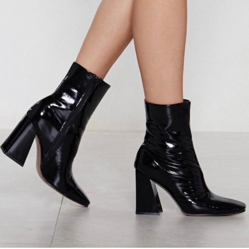 Nasty Gal Black Patent Leather Square Heel Ankle Booties